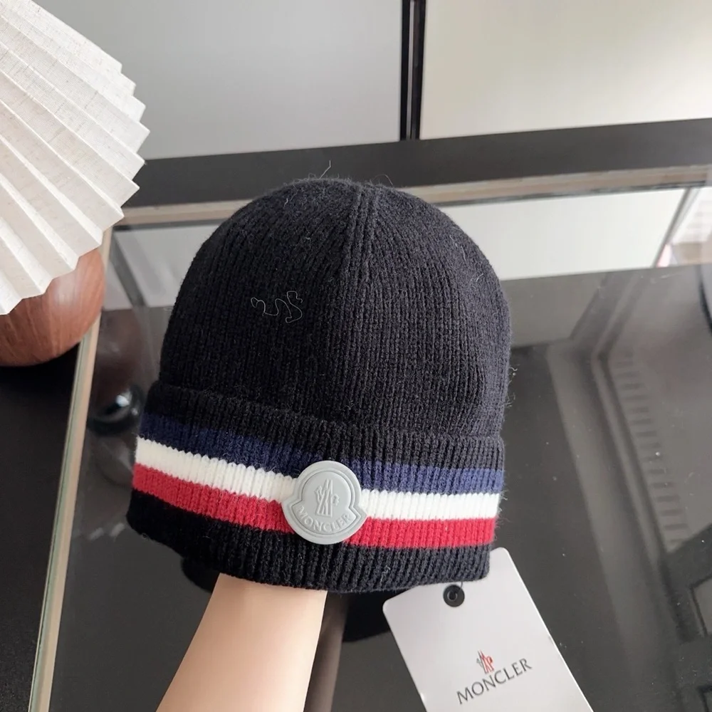 Moncler Kids Black Knit Beanie with Tricolor Stripe and Logo Badge